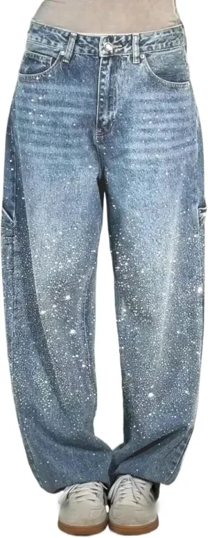 Women's Casual Rhinestone Loose Harem Jeans, Jeans with Rhinestones for Women, Straight Wide Leg Bling Denim Pants