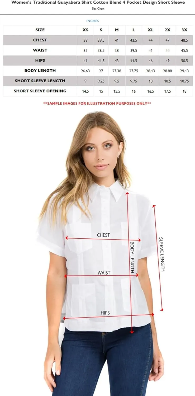 Women's Classic Guayabera Shirt Poly Cotton Blend Short Sleeve 4-Pocket Design