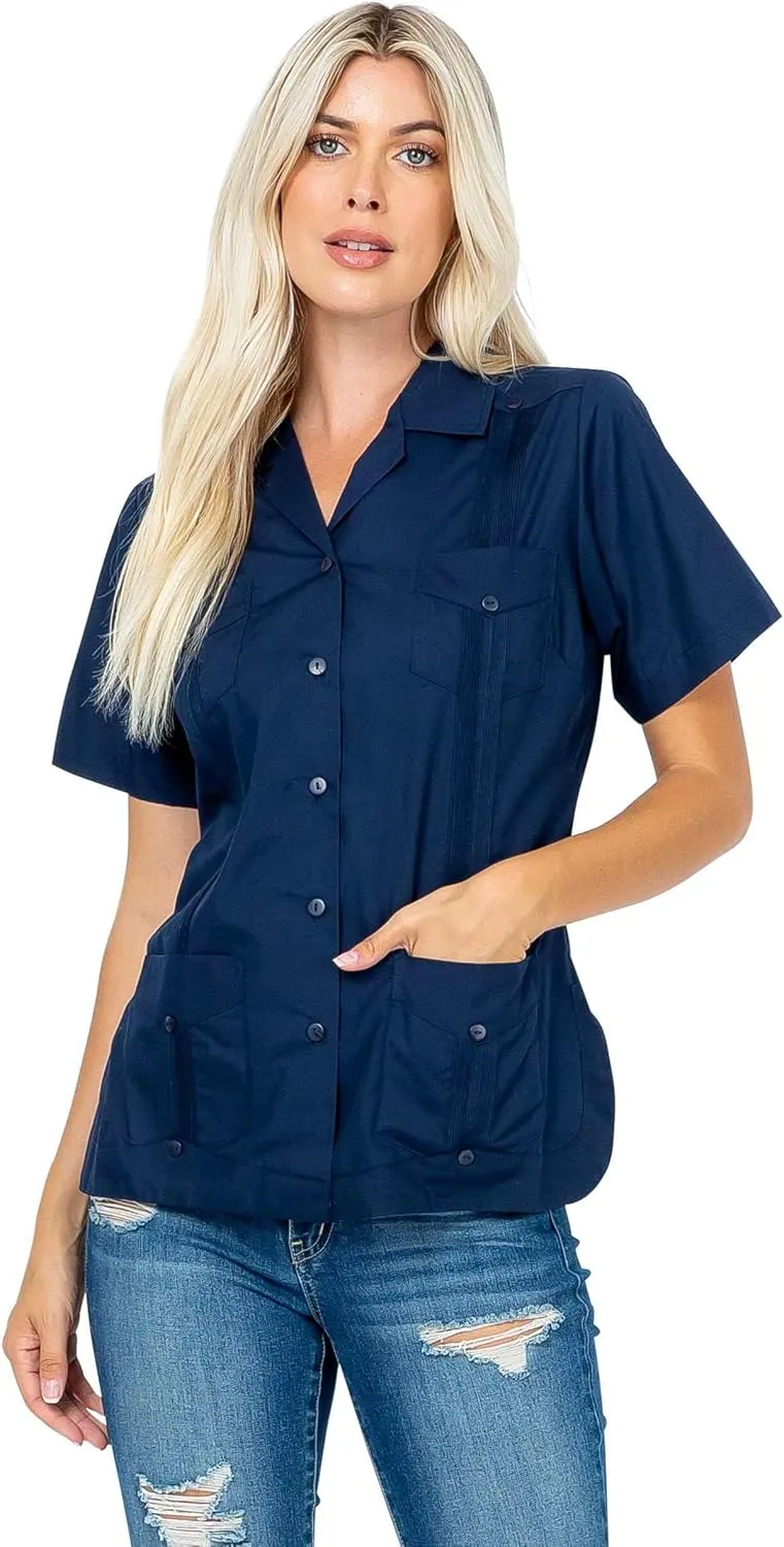 Women's Classic Guayabera Shirt Poly Cotton Blend Short Sleeve 4-Pocket Design