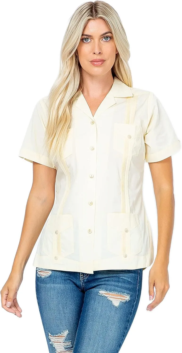 Women's Classic Guayabera Shirt Poly Cotton Blend Short Sleeve 4-Pocket Design