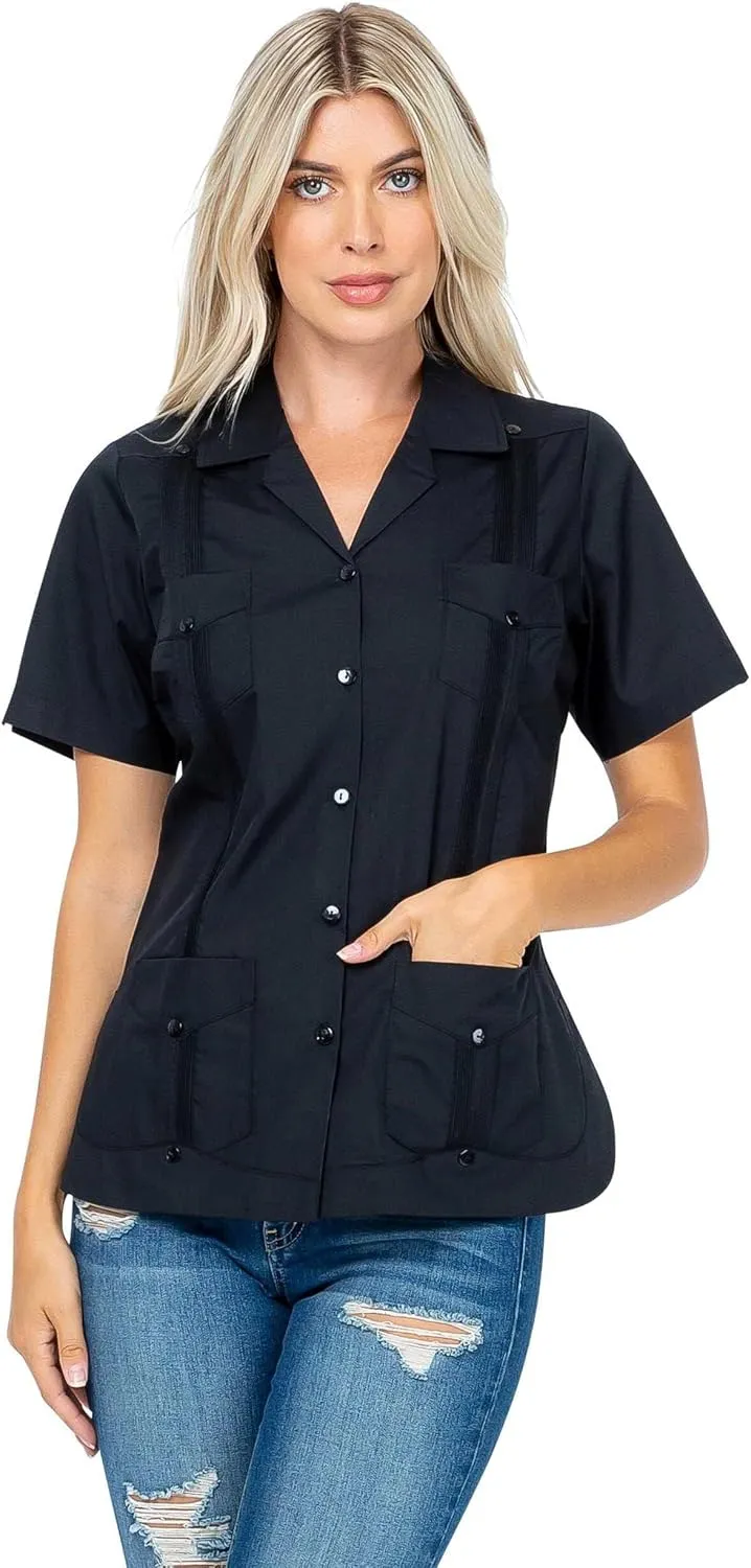 Women's Classic Guayabera Shirt Poly Cotton Blend Short Sleeve 4-Pocket Design