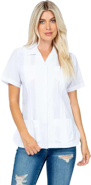 Women's Classic Guayabera Shirt Poly Cotton Blend Short Sleeve 4-Pocket Design