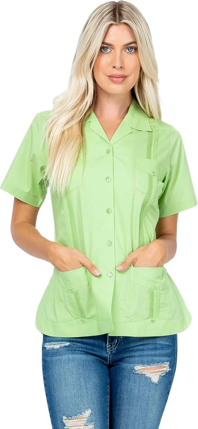 Women's Classic Guayabera Shirt Poly Cotton Blend Short Sleeve 4-Pocket Design