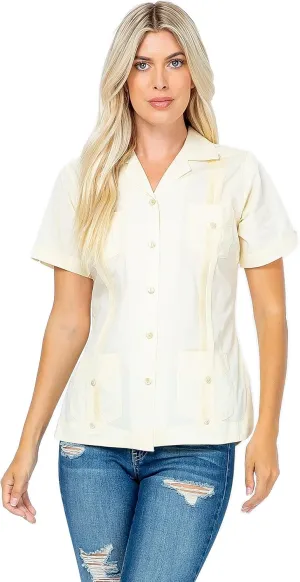 Women's Classic Guayabera Shirt Poly Cotton Blend Short Sleeve 4-Pocket Design