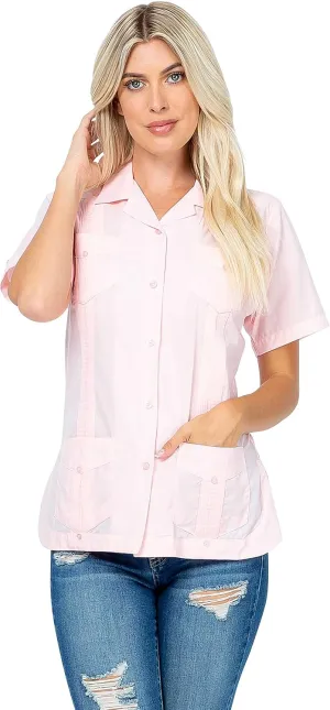 Women's Classic Guayabera Shirt Poly Cotton Blend Short Sleeve 4-Pocket Design