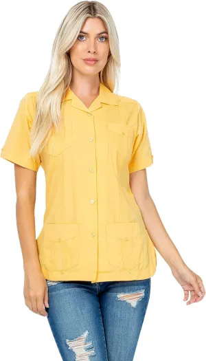 Women's Classic Guayabera Shirt Poly Cotton Blend Short Sleeve 4-Pocket Design