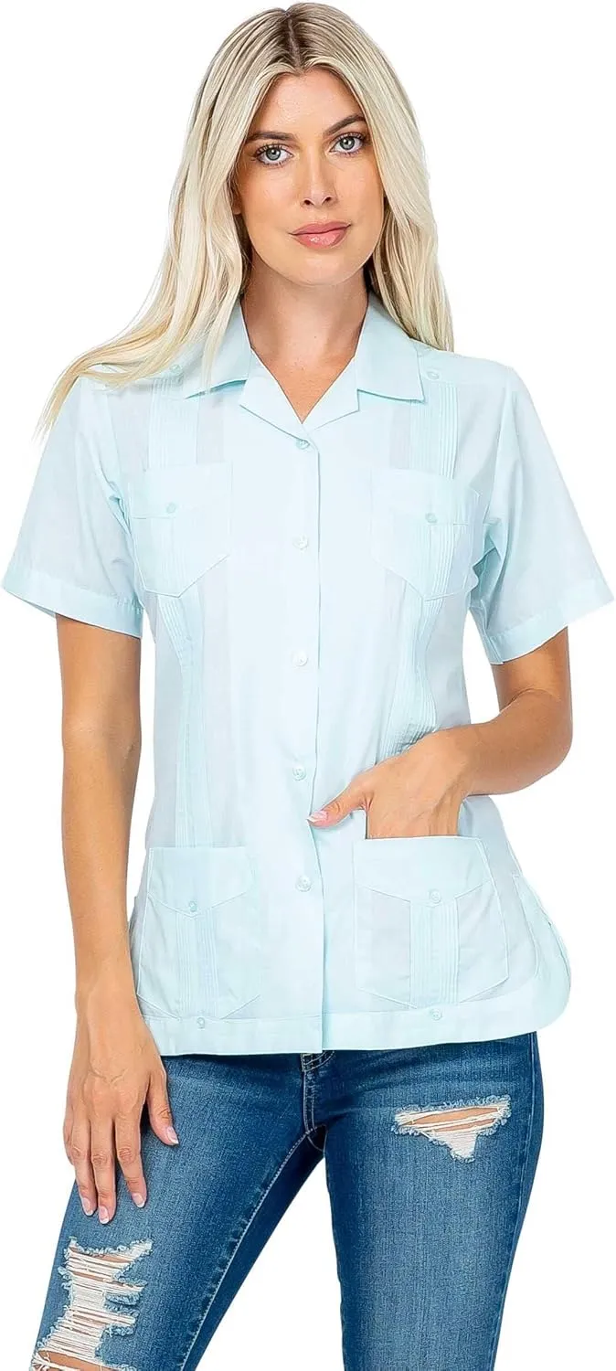 Women's Classic Guayabera Shirt Poly Cotton Blend Short Sleeve 4-Pocket Design