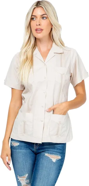Women's Classic Guayabera Shirt Poly Cotton Blend Short Sleeve 4-Pocket Design