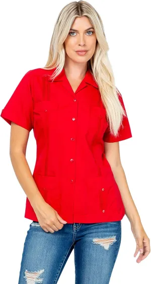 Women's Classic Guayabera Shirt Poly Cotton Blend Short Sleeve 4-Pocket Design
