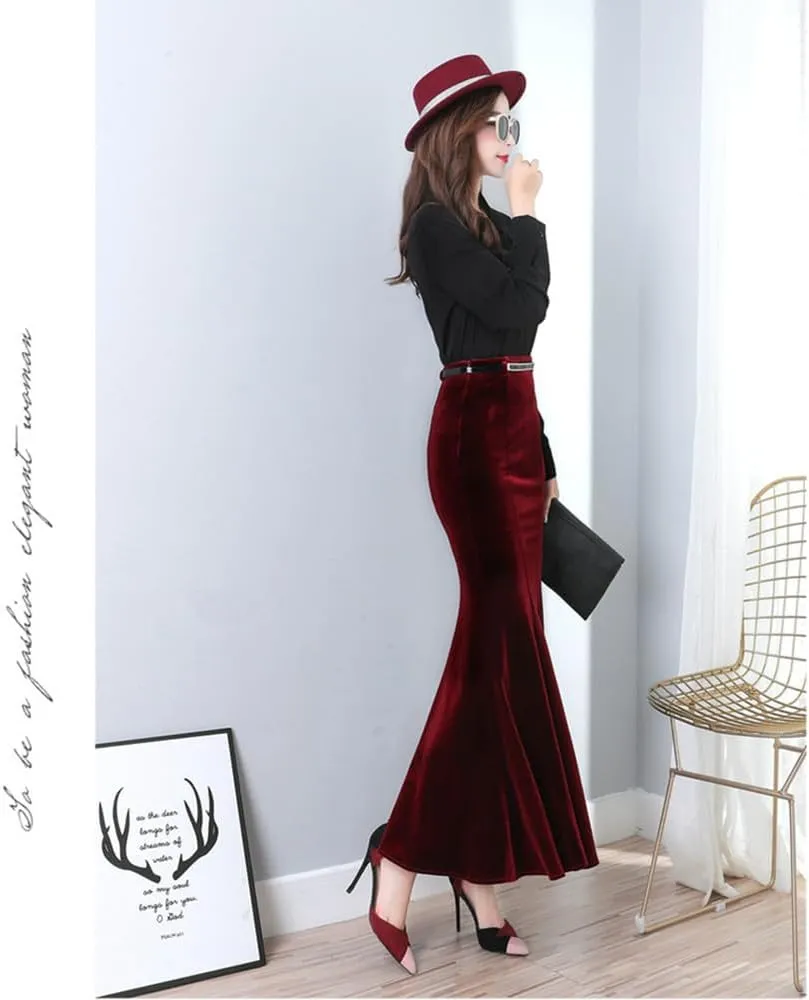 Women's Classic High Waist Solid Fishtail Mermaid Long Skirt for Evening Party Black Ruffle Victorian Retro Skirts