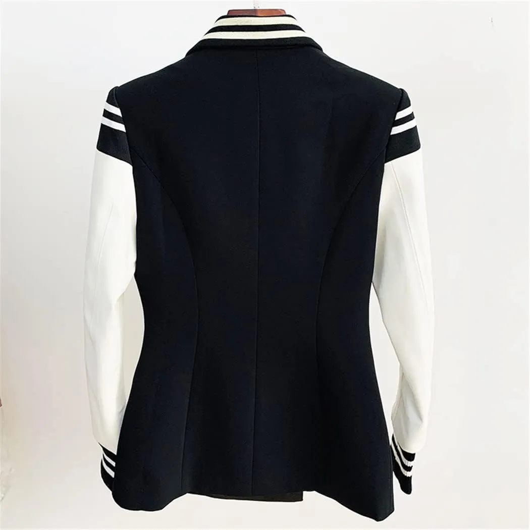 Women's Designer Blazer Leather Patchwork Double Breasted Blazer Classic Varsity Jacket