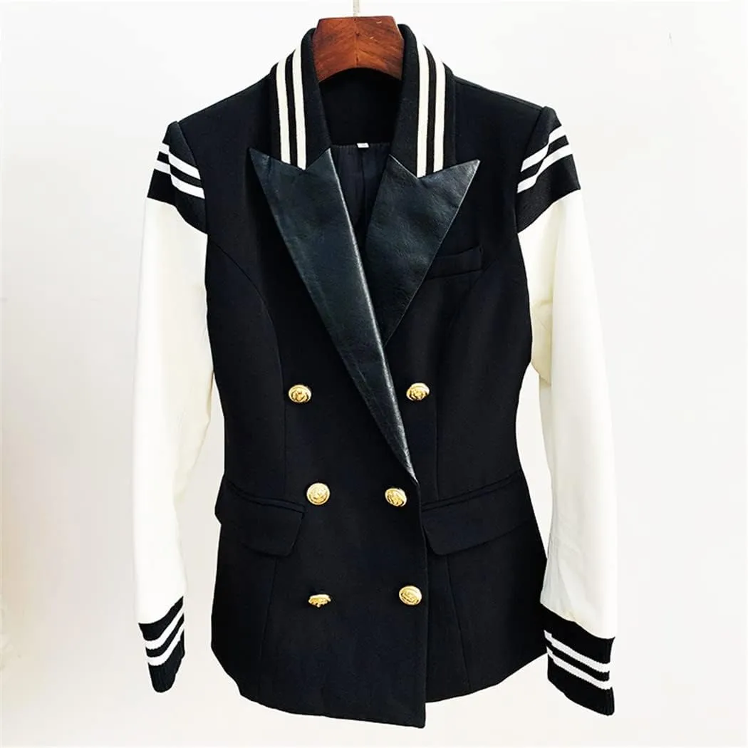 Women's Designer Blazer Leather Patchwork Double Breasted Blazer Classic Varsity Jacket