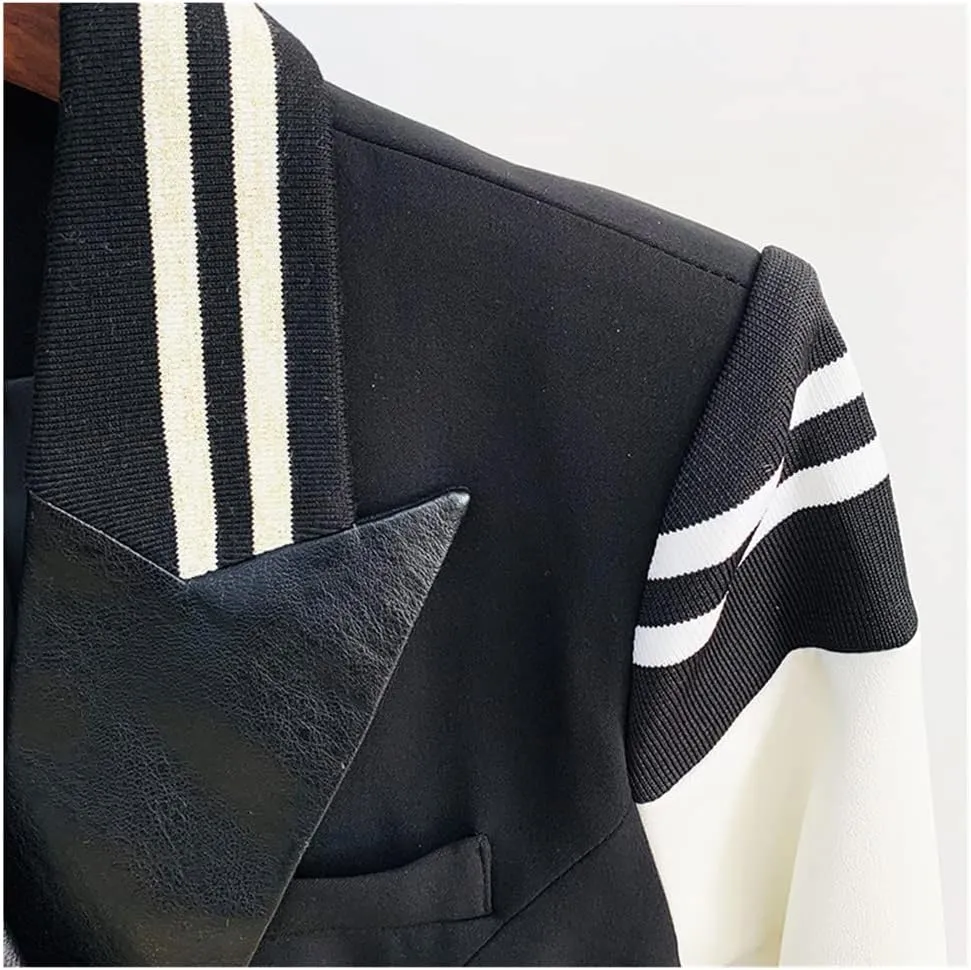 Women's Designer Blazer Leather Patchwork Double Breasted Blazer Classic Varsity Jacket