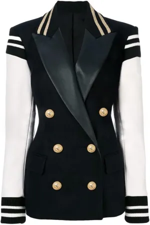 Women's Designer Blazer Leather Patchwork Double Breasted Blazer Classic Varsity Jacket
