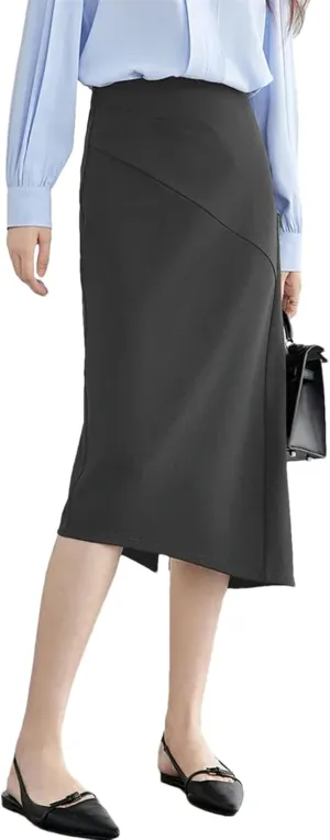 Women's Elegant Irregular Slit-Hem Skirts 2025 Spring Straight Knitted Classic Solid High-Waist Midi Skirt