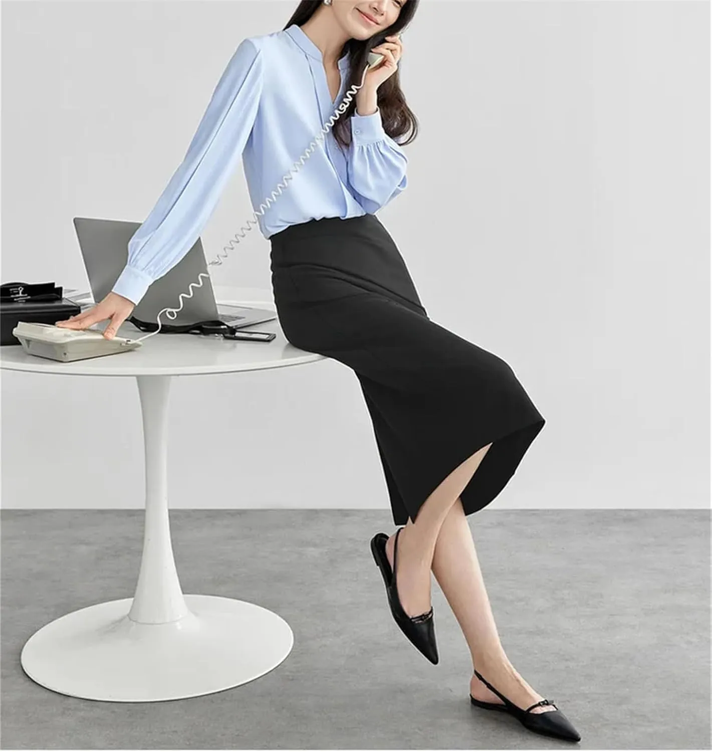 Women's Elegant Irregular Slit-Hem Skirts 2025 Spring Straight Knitted Classic Solid High-Waist Midi Skirt