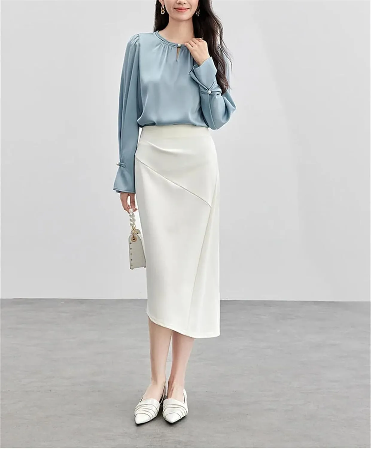 Women's Elegant Irregular Slit-Hem Skirts 2025 Spring Straight Knitted Classic Solid High-Waist Midi Skirt