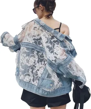 Women's Embroidered Hollow Denim Jacket Classic Lace Patchwork Hole Tassel Jean Coat