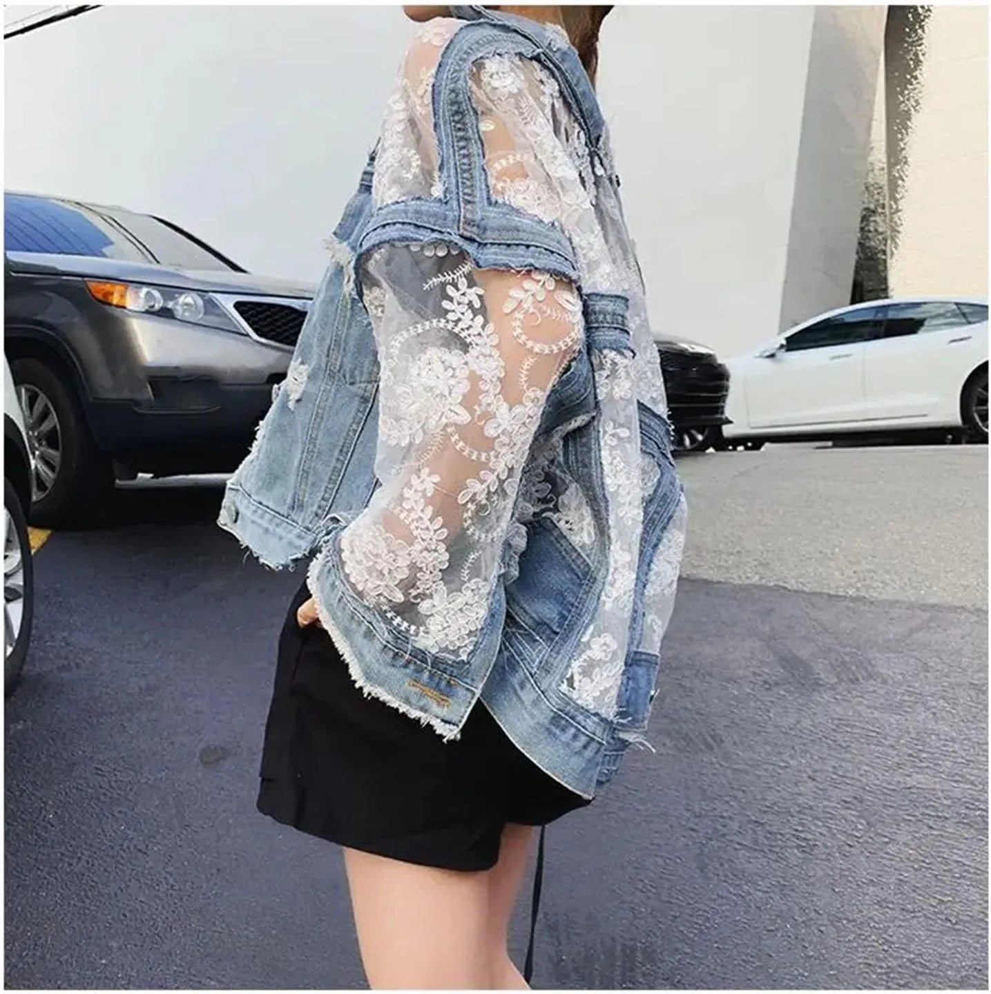 Women's Embroidered Hollow Denim Jacket Classic Lace Patchwork Hole Tassel Jean Coat