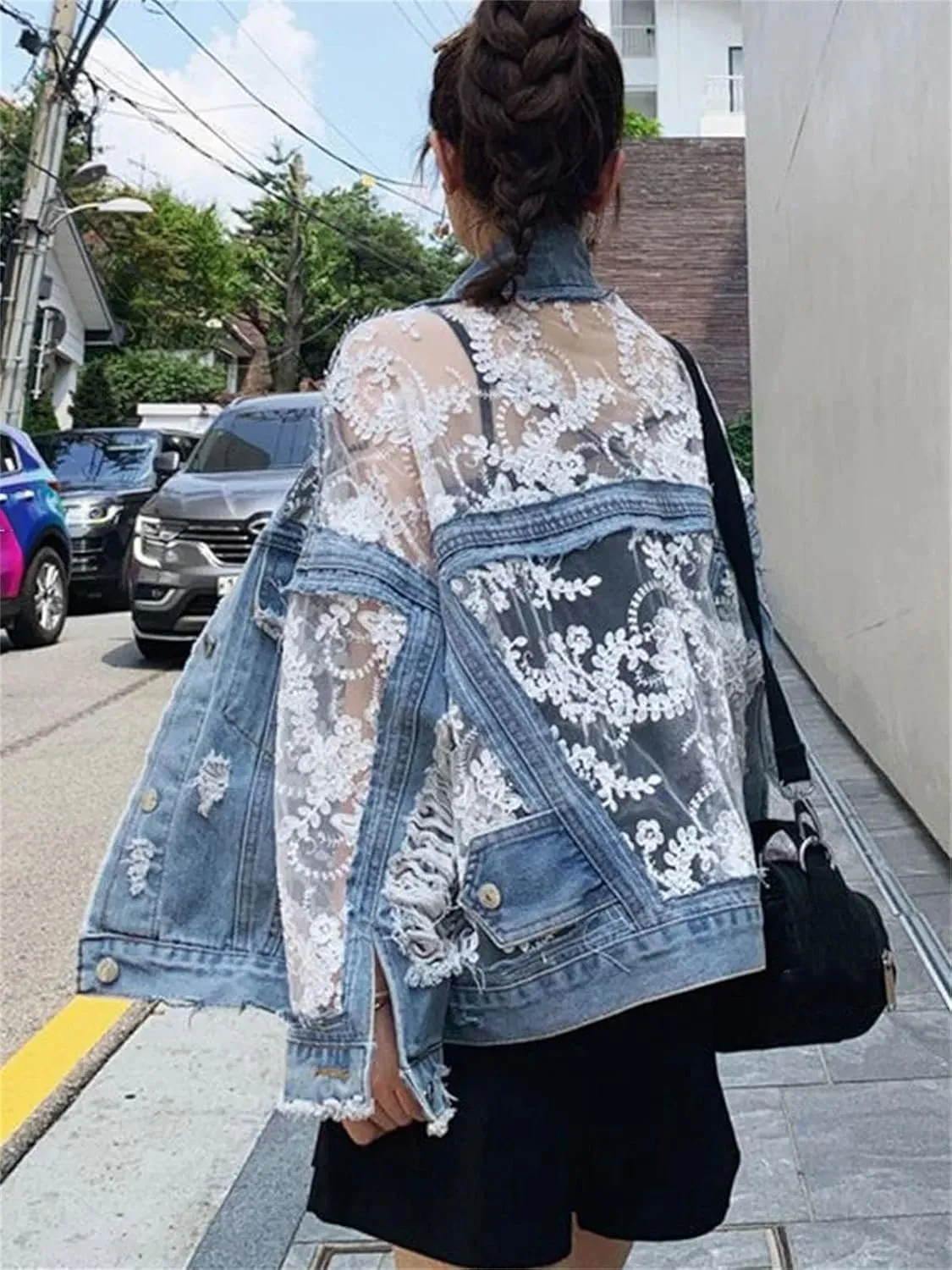Women's Embroidered Hollow Denim Jacket Classic Lace Patchwork Hole Tassel Jean Coat