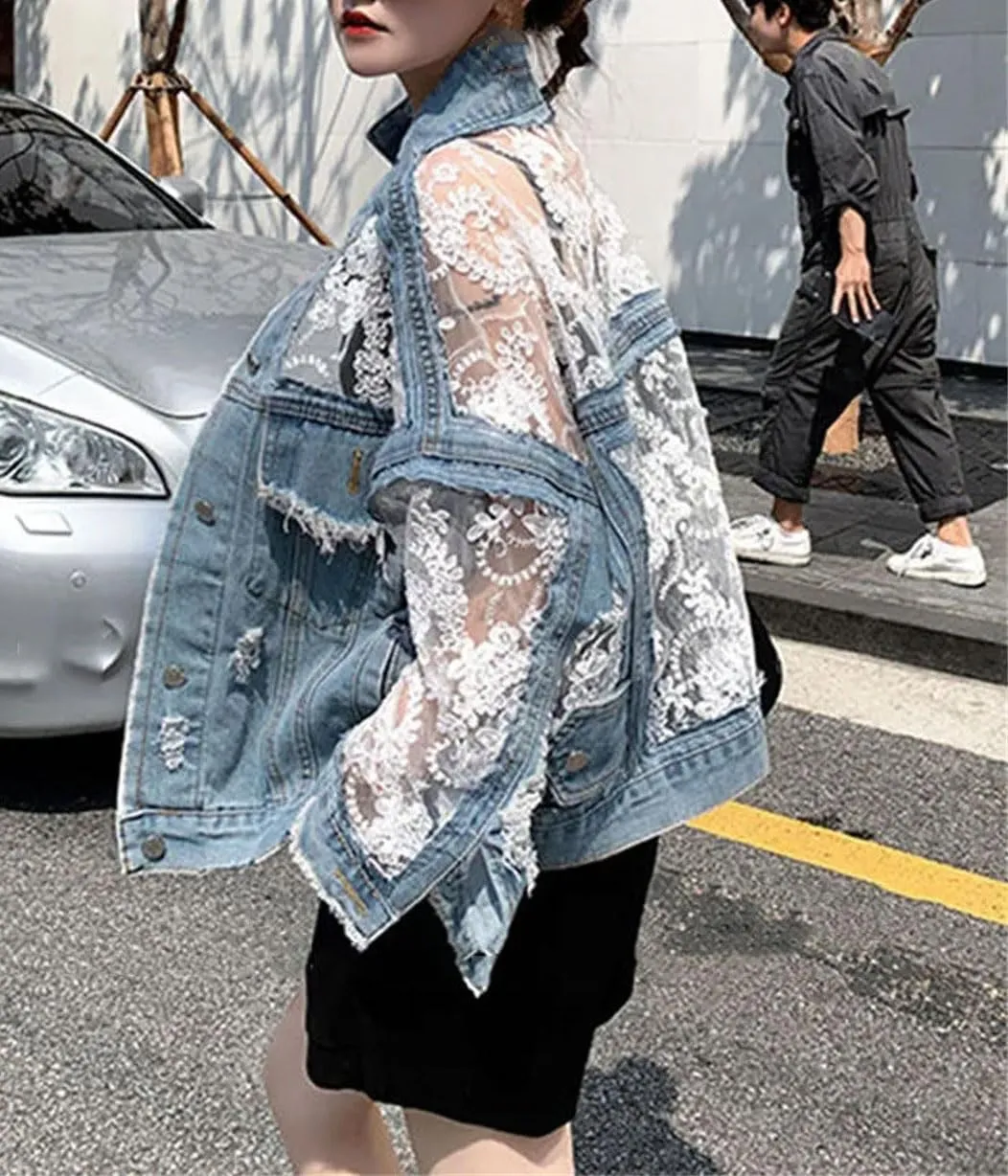 Women's Embroidered Hollow Denim Jacket Classic Lace Patchwork Hole Tassel Jean Coat