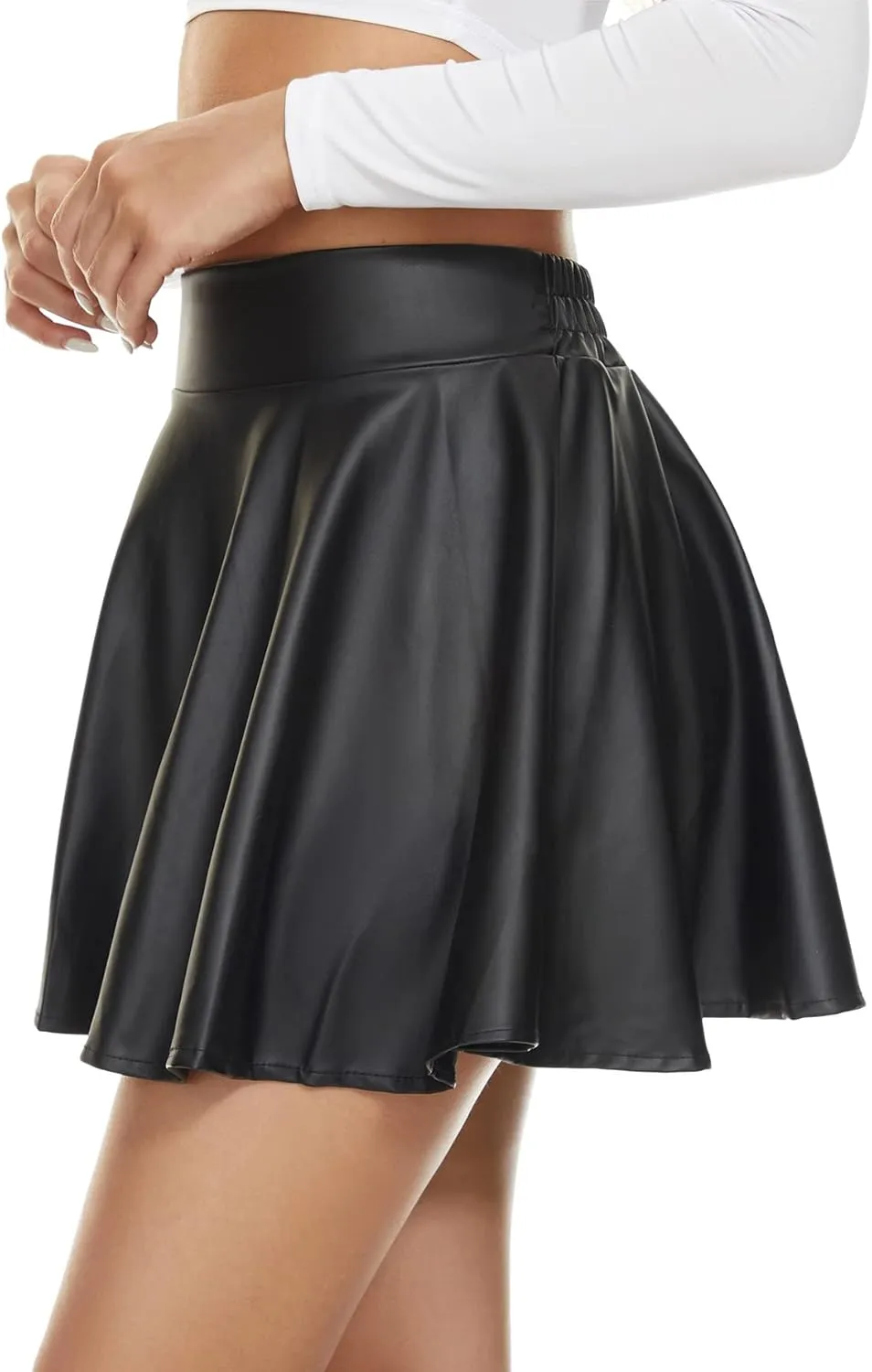 Women's Faux Leather Black Mini Skirt Classic high Waisted Skirt Pleated Skirt PU Black Leather Skirt
