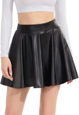 Women's Faux Leather Black Mini Skirt Classic high Waisted Skirt Pleated Skirt PU Black Leather Skirt