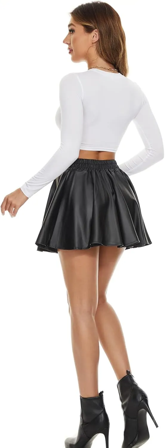 Women's Faux Leather Black Mini Skirt Classic high Waisted Skirt Pleated Skirt PU Black Leather Skirt