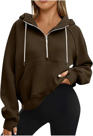 Womens Half Zip Up Hoodies Trendy Cropped Long Sleeve Loose Hooded Pullover Sweatshirt Fall y2k Outfits Clothes