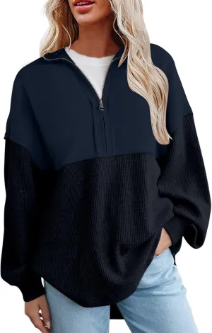 Womens Half Zip Up Sweatshirt Trendy Long Sleeve Oversized Pullover Tops Waffle Knit Hoodies Fall Outfits 2024