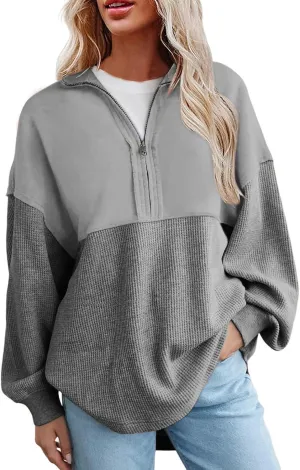 Womens Half Zip Up Sweatshirt Trendy Long Sleeve Oversized Pullover Tops Waffle Knit Hoodies Fall Outfits 2024