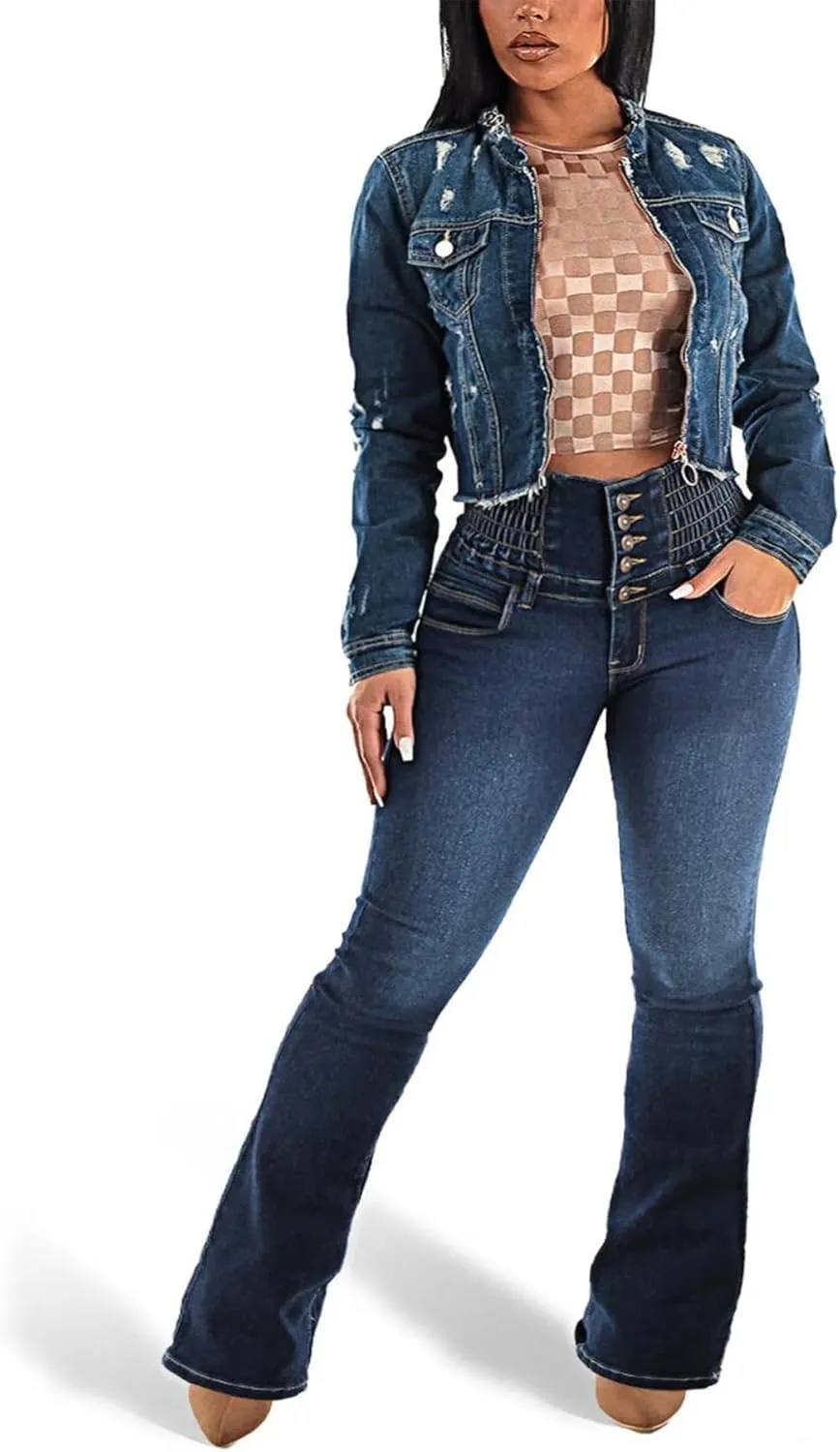 Womens High Waist Stretch Jeans Bell Bottom Jeans Push Up Butt Lifting Skinny Denim Pants