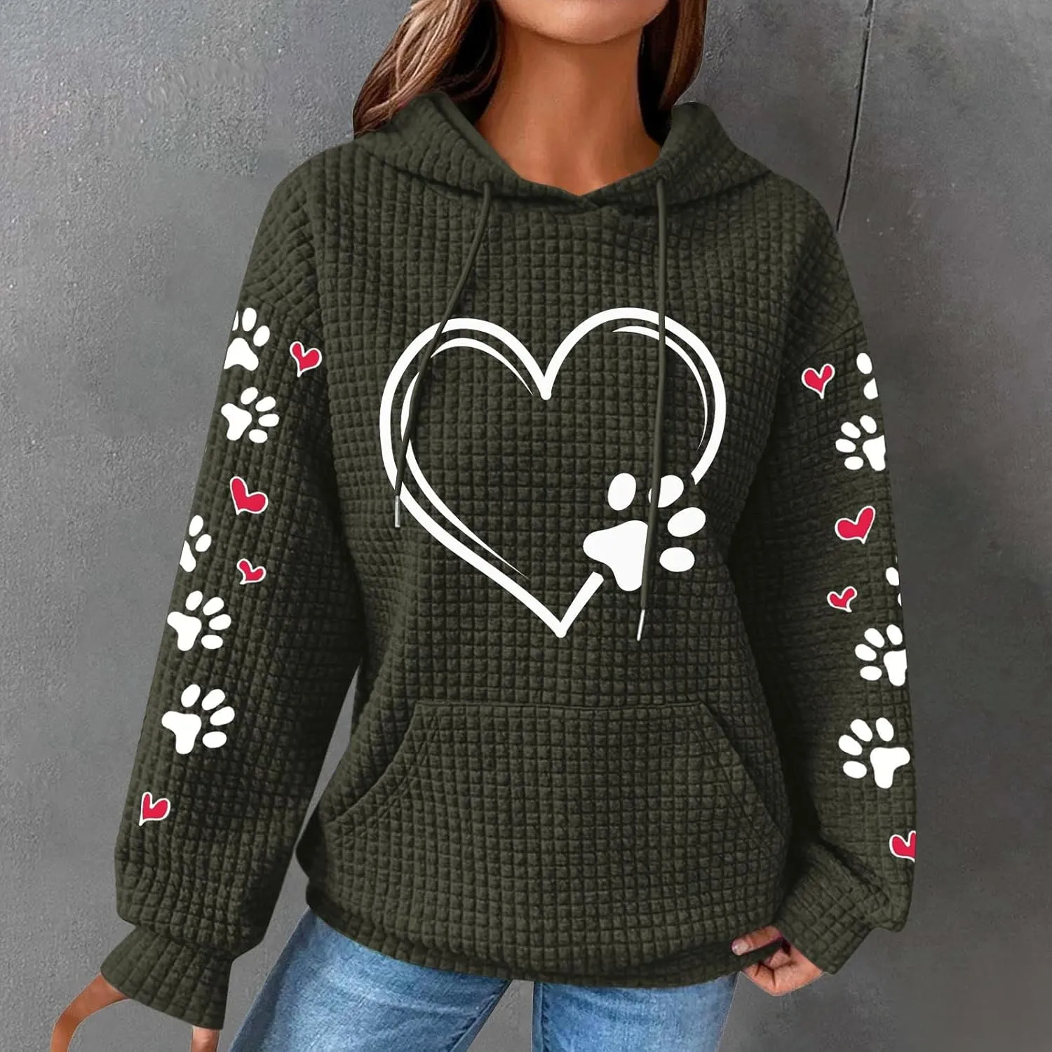 Womens Hoodie Long Sleeve Waffle Knit Drawstring Cute Pattern Heart Dogs Paw Print Graphic Hoodies with Pockets