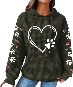 Womens Hoodie Long Sleeve Waffle Knit Drawstring Cute Pattern Heart Dogs Paw Print Graphic Hoodies with Pockets