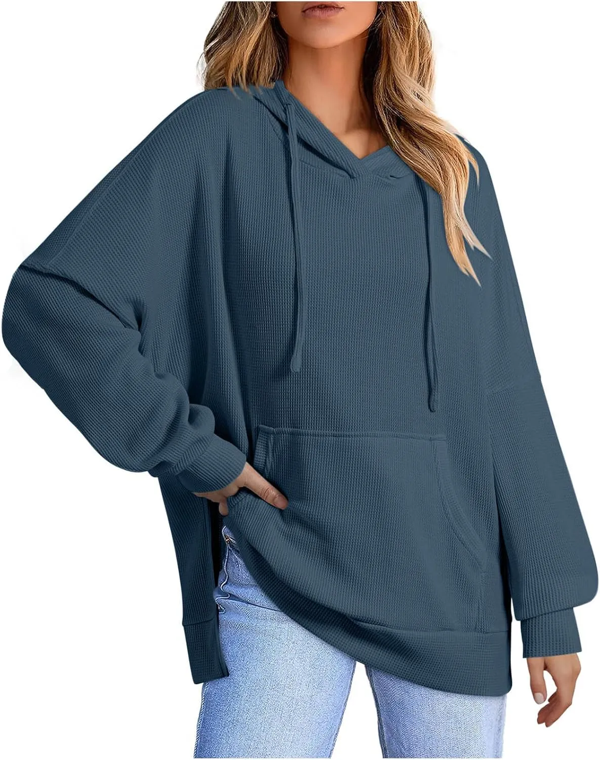 Womens Hoodies Long Sleeve Solid Drawstring Split Side Ribbed Knit Fall Oversized Sweatshirt for Women with Pocket