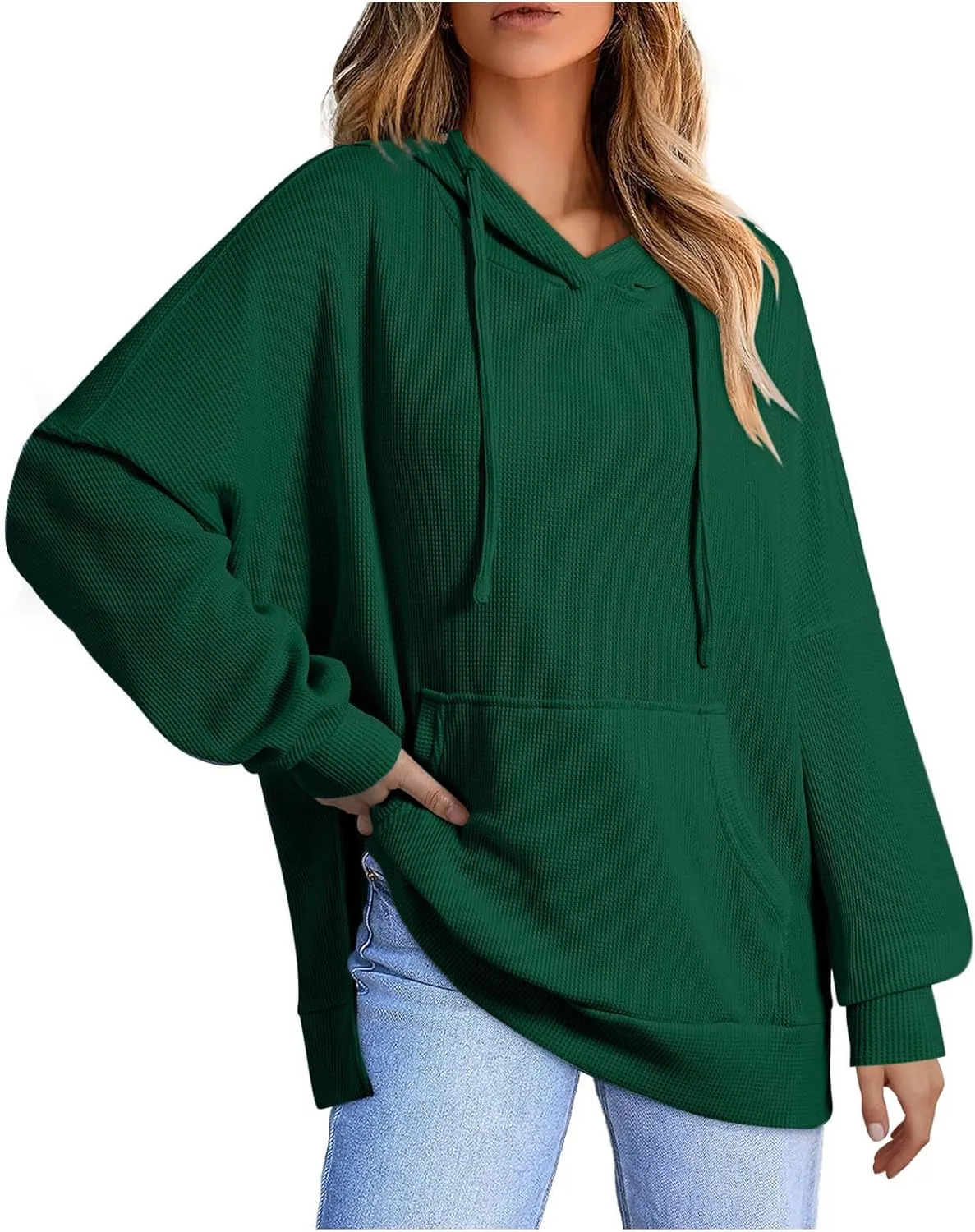 Womens Hoodies Long Sleeve Solid Drawstring Split Side Ribbed Knit Fall Oversized Sweatshirt for Women with Pocket
