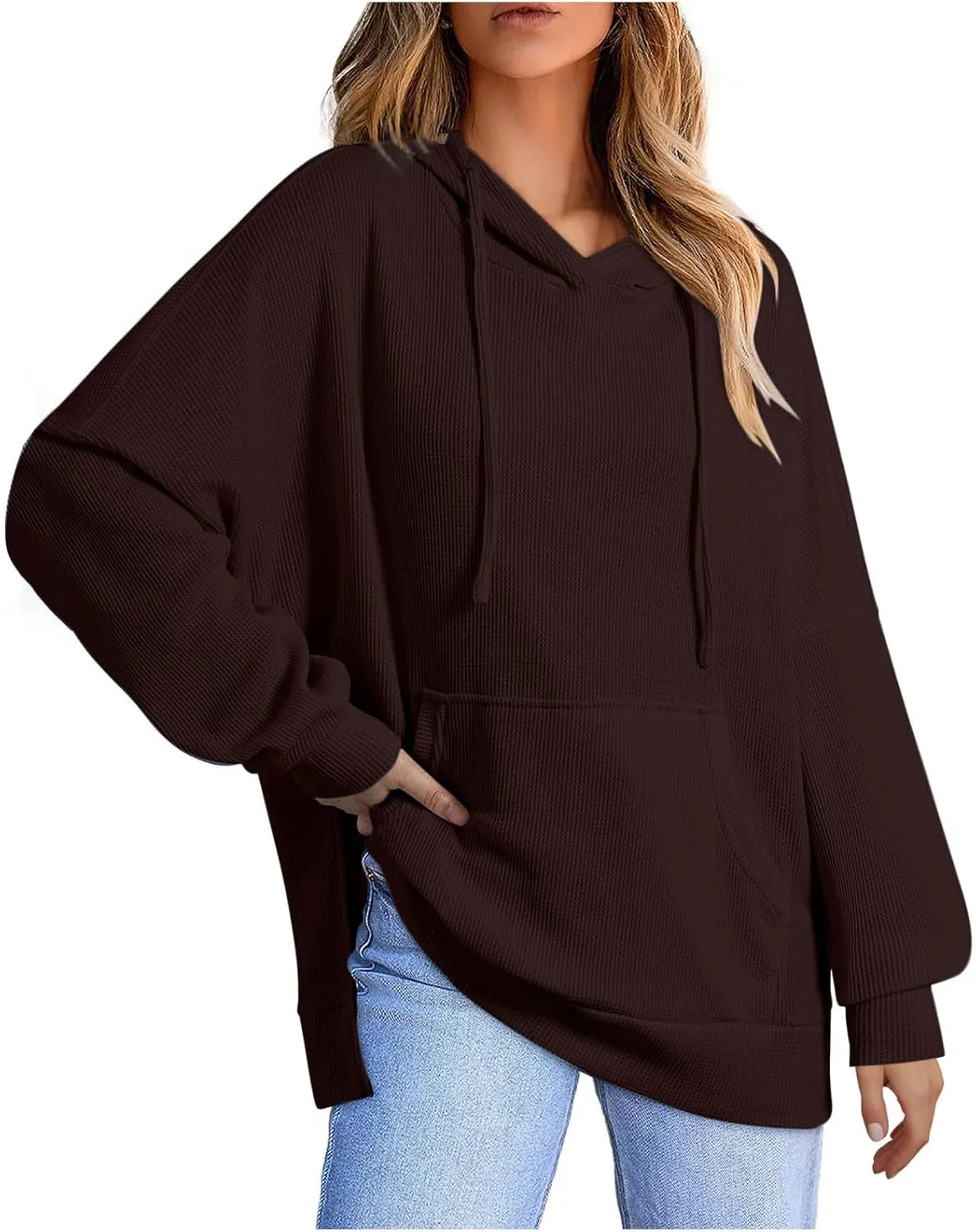 Womens Hoodies Long Sleeve Solid Drawstring Split Side Ribbed Knit Fall Oversized Sweatshirt for Women with Pocket