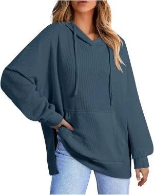 Womens Hoodies Long Sleeve Solid Drawstring Split Side Ribbed Knit Fall Oversized Sweatshirt for Women with Pocket