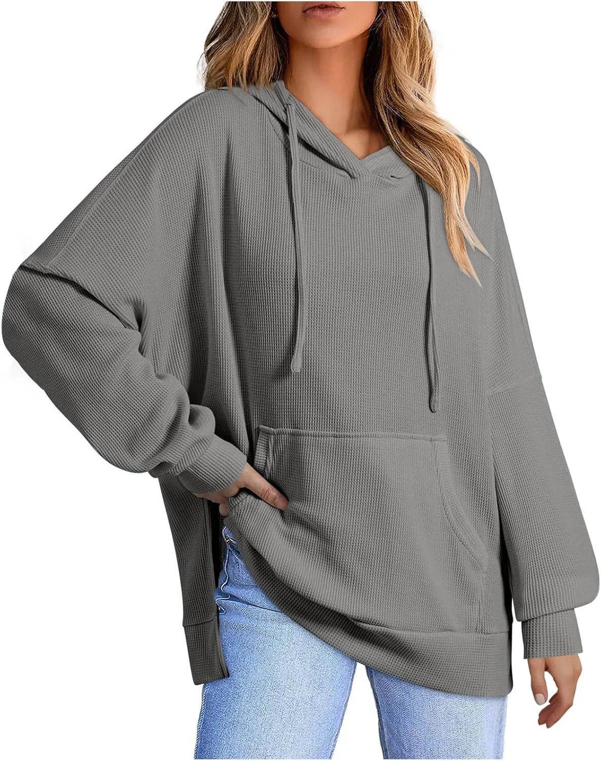 Womens Hoodies Long Sleeve Solid Drawstring Split Side Ribbed Knit Fall Oversized Sweatshirt for Women with Pocket