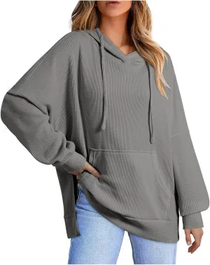 Womens Hoodies Long Sleeve Solid Drawstring Split Side Ribbed Knit Fall Oversized Sweatshirt for Women with Pocket