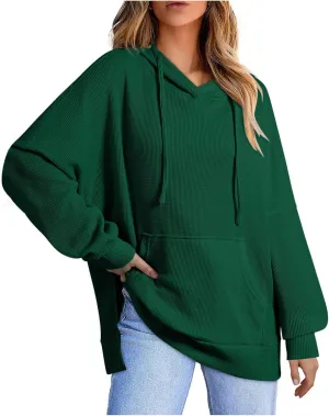 Womens Hoodies Long Sleeve Solid Drawstring Split Side Ribbed Knit Fall Oversized Sweatshirt for Women with Pocket