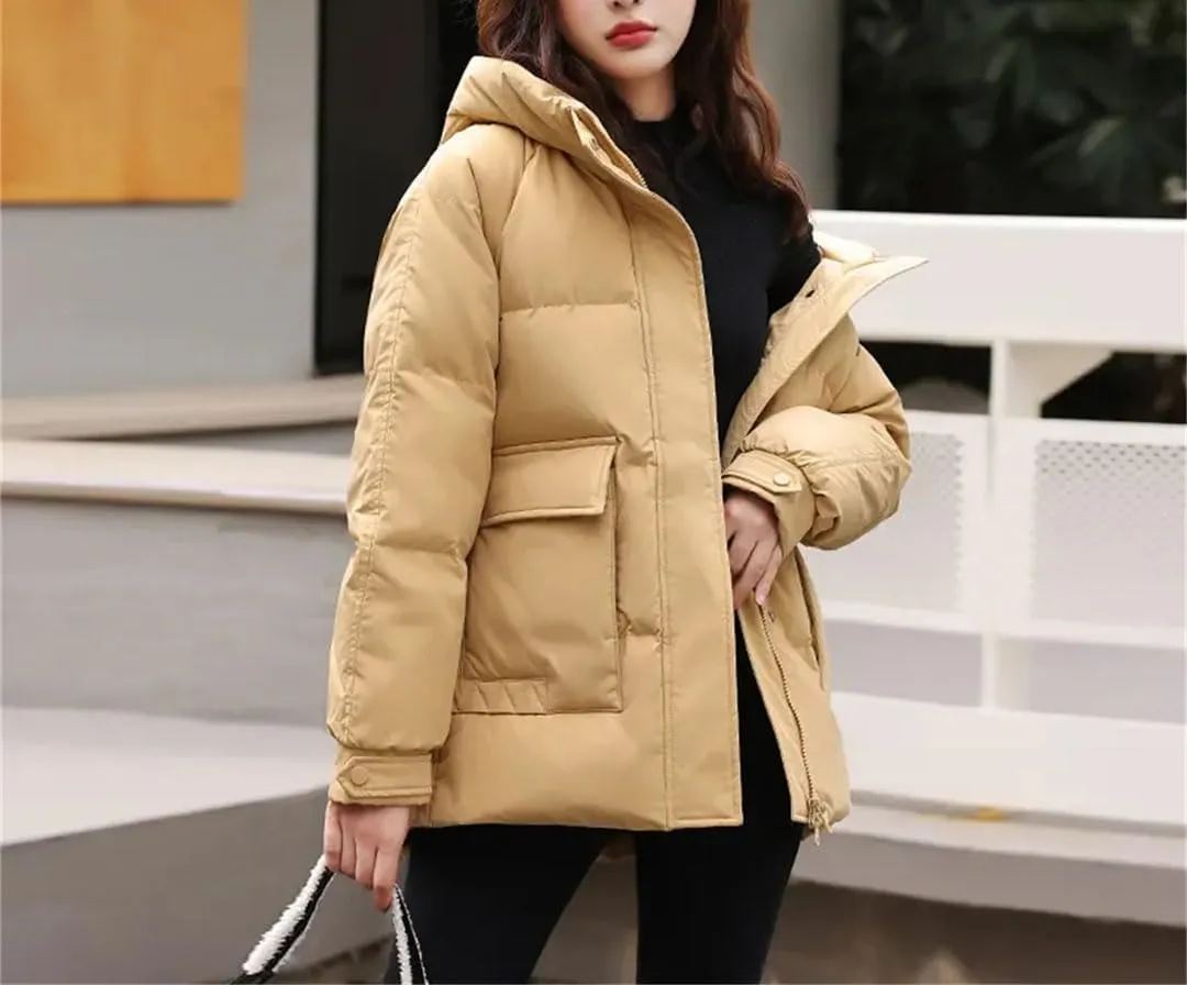 Women's Jacket Winter Cotton-Padded Warm Coat Fashion Pocket Hooded Parka South Korea Loose Coat