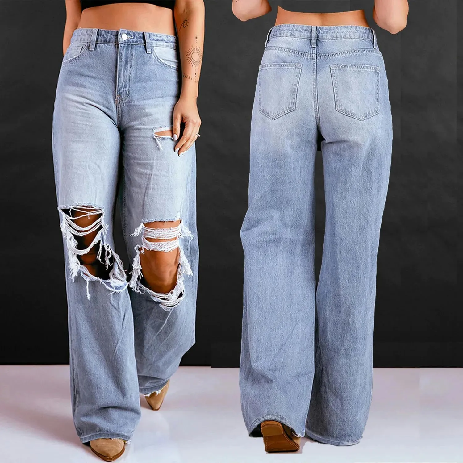 Women's Jeans High Waist Ripped Jeans for Women Fashion Loose Denim Wide Leg Pants Street Casual Trousers