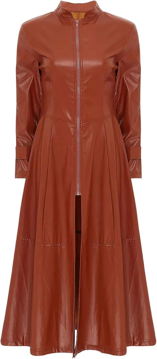 Women's Leather Jacket Coat Long Trench Coat Dress Front Zipper Stand Collar Cosume Outwear