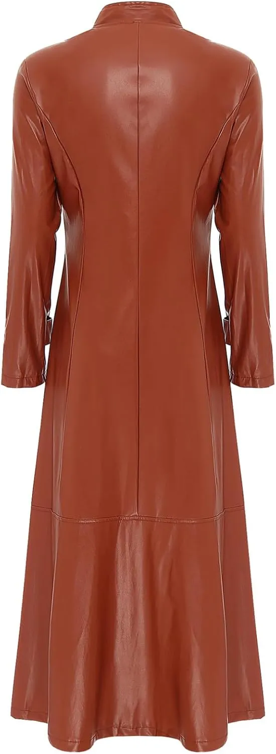 Women's Leather Jacket Coat Long Trench Coat Dress Front Zipper Stand Collar Cosume Outwear
