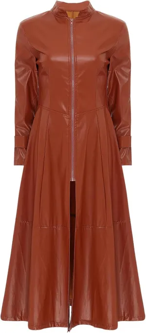 Women's Leather Jacket Coat Long Trench Coat Dress Front Zipper Stand Collar Cosume Outwear