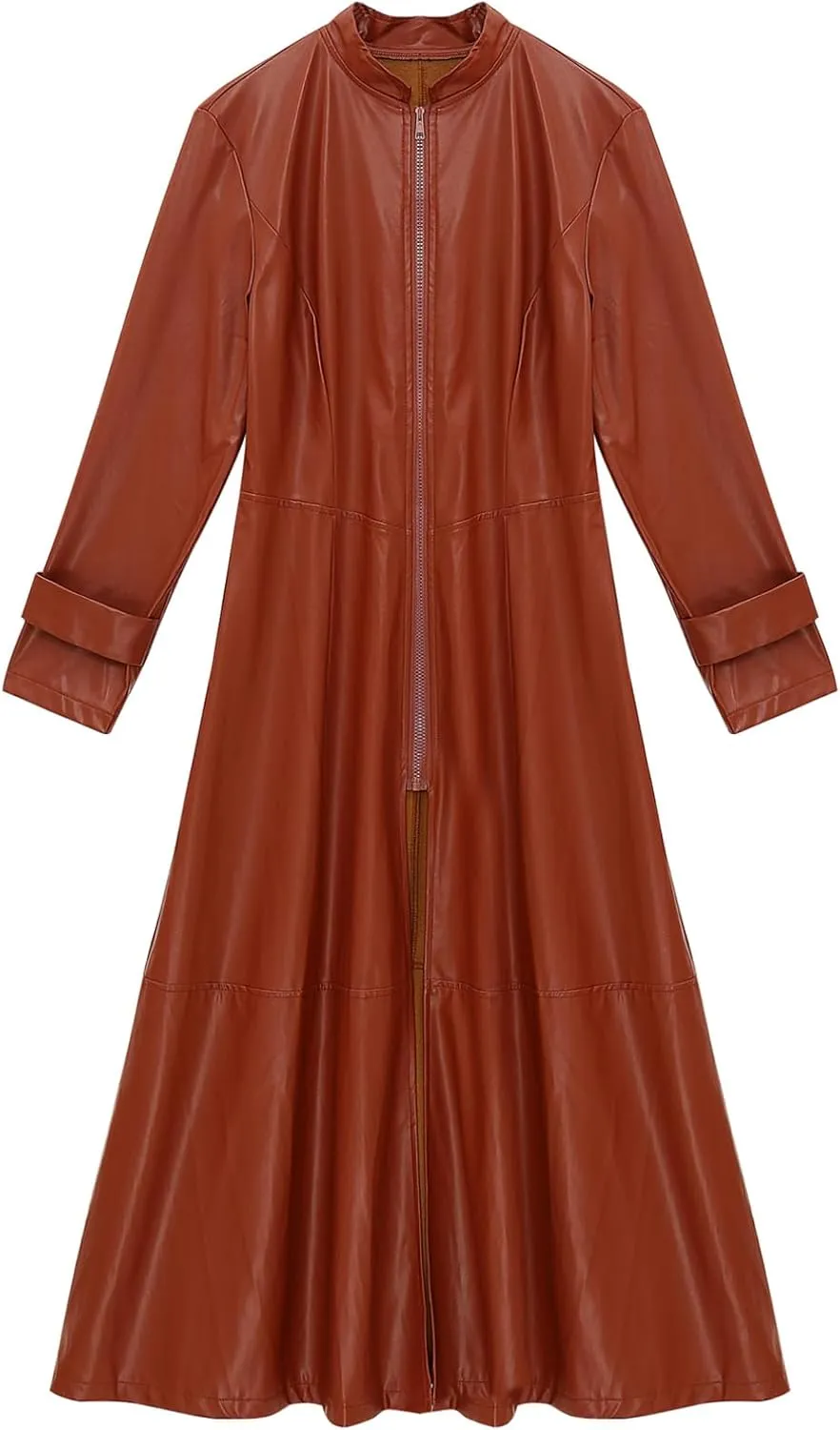 Women's Leather Jacket Coat Long Trench Coat Dress Front Zipper Stand Collar Cosume Outwear