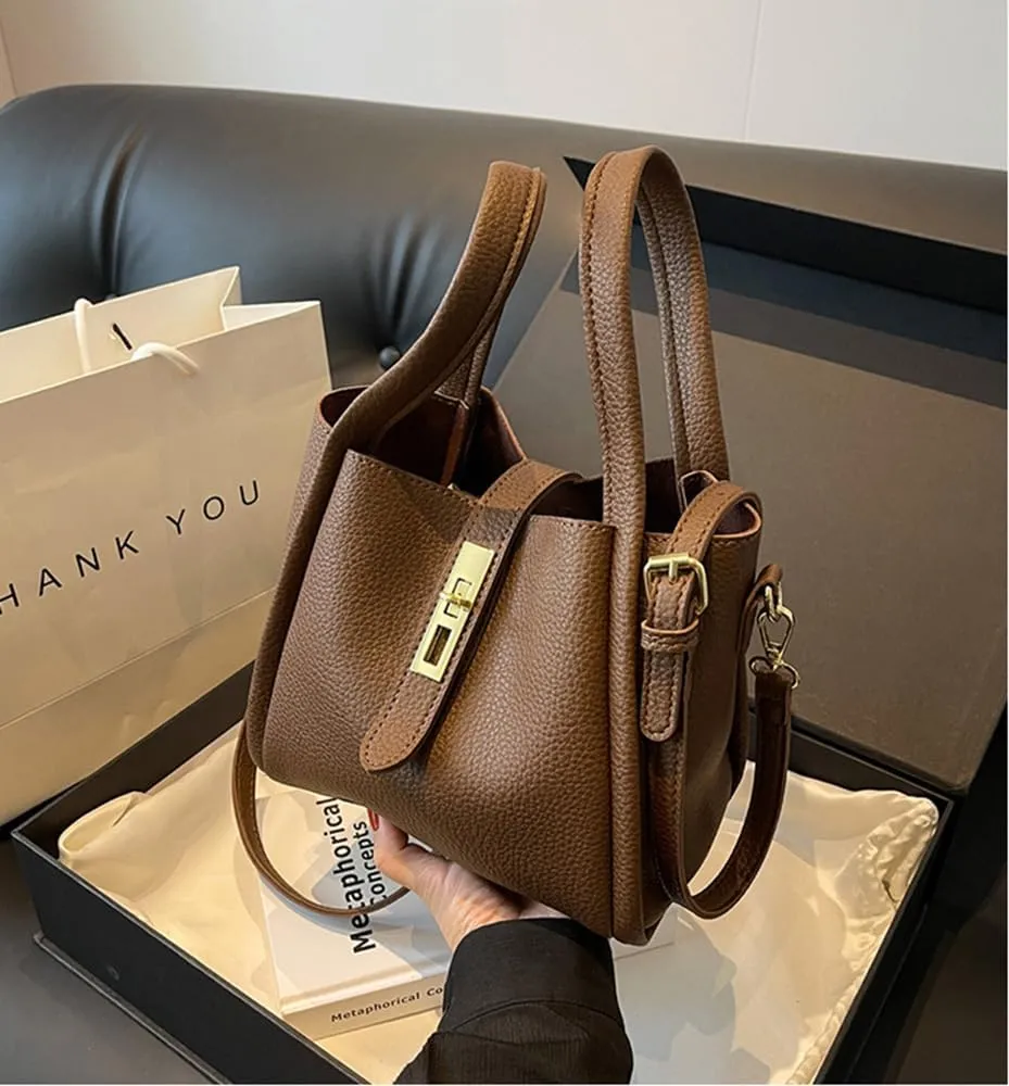Women's Leather Tote Handbag with Zipper Closure, Shoulder Backpack Stylish Vintage Bucket Bag Crossbody Bag