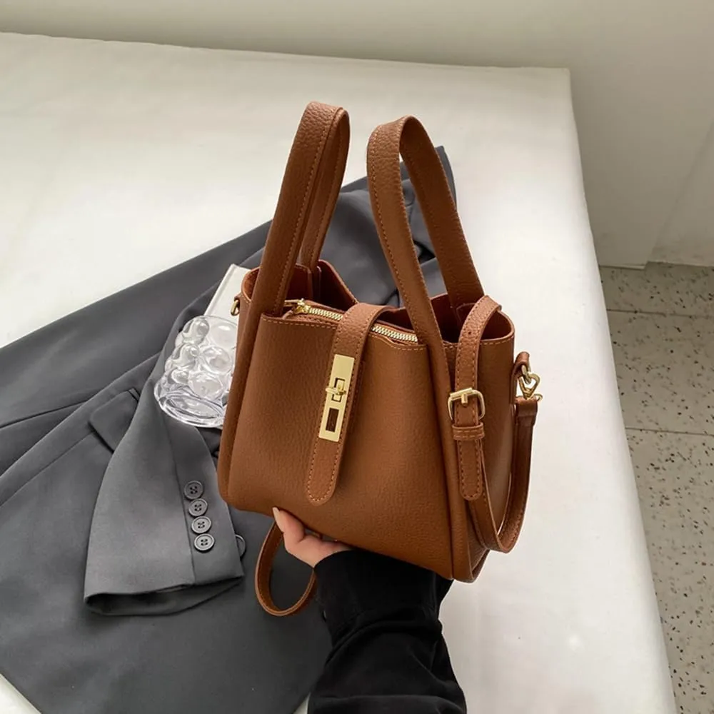 Women's Leather Tote Handbag with Zipper Closure, Shoulder Backpack Stylish Vintage Bucket Bag Crossbody Bag