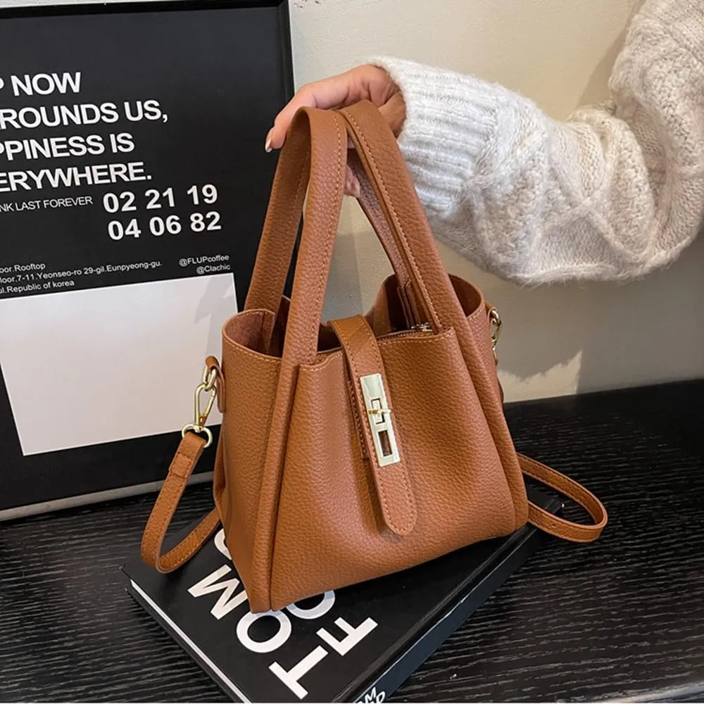 Women's Leather Tote Handbag with Zipper Closure, Shoulder Backpack Stylish Vintage Bucket Bag Crossbody Bag